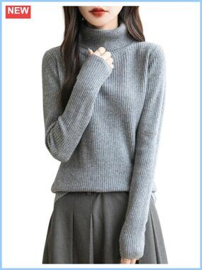 100% Merino Wool Turtleneck Long Sleeve Ribbed Knit Pullover Sweater